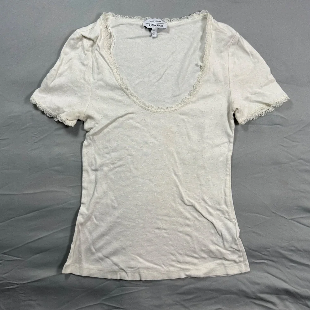 & Other Stories Paris Atelier White Heart Lace Trim Scoop Neck Top S Romantic